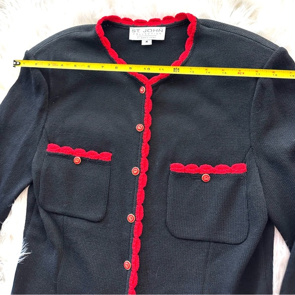 ST John Scalloped Trim Knitted Jacket Womens SZ MD Black Red Holiday - Picture 7 of 10